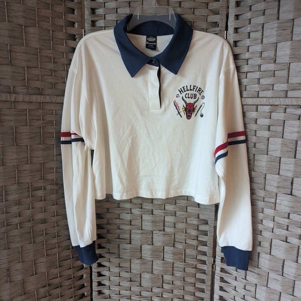 Netflix Stranger Things Hellfire Club Cropped Polo White Long Sleeve L 12-14